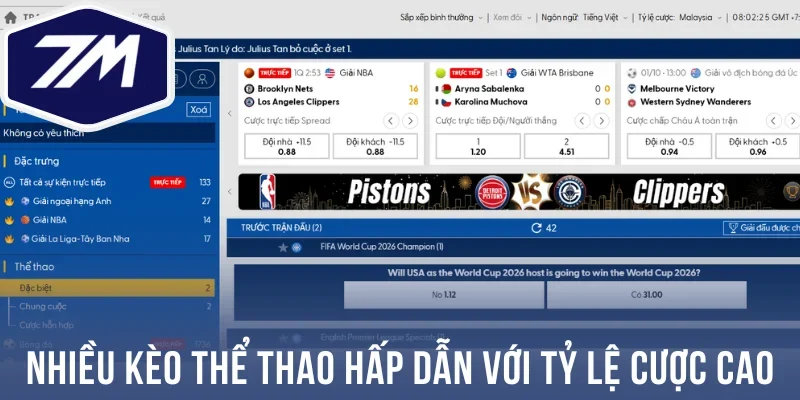 Nhiều kèo thể thao hấp dẫn với tỷ lệ cược cao
