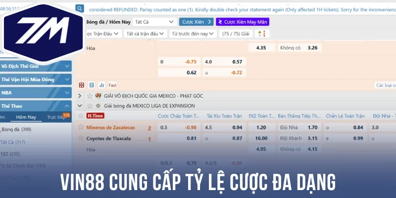 Vin88 cung cấp tỷ lệ cược đa dạng