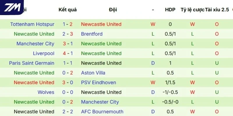 Thành tích những lần ra sân gần đây của Newcastle