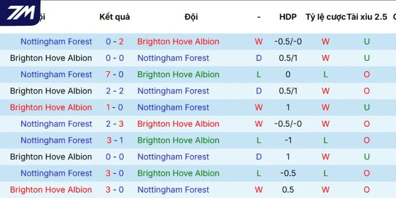 Thống kê lịch sử đối đầu giữa Brighton vs Nottingham