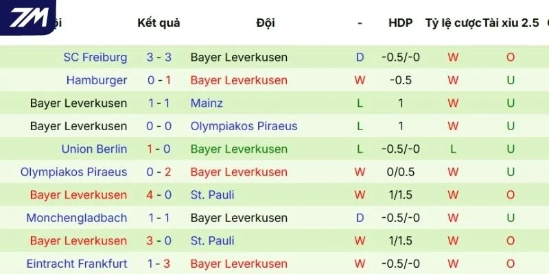 Phong độ thời gian gần đây của Bayer Leverkusen