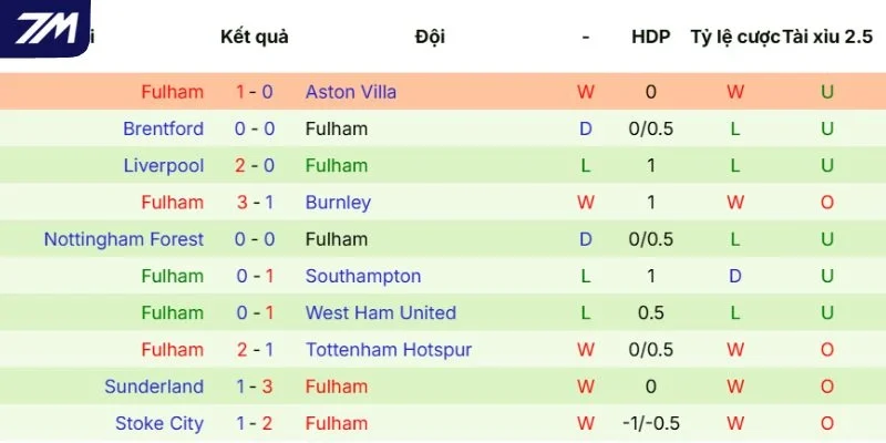 Hiệu suất Fulham thi đấu