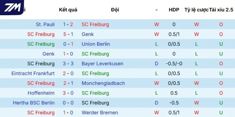 Thành tích thi đấu gần đây của SC Freiburg