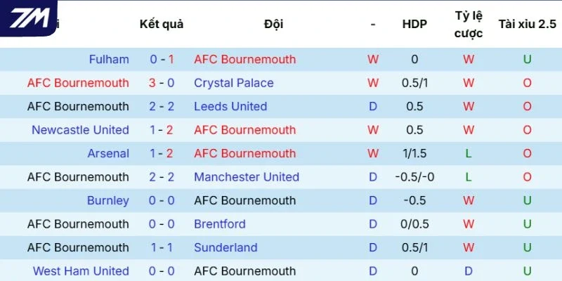 Tình hình thi đấu của Bournemouth