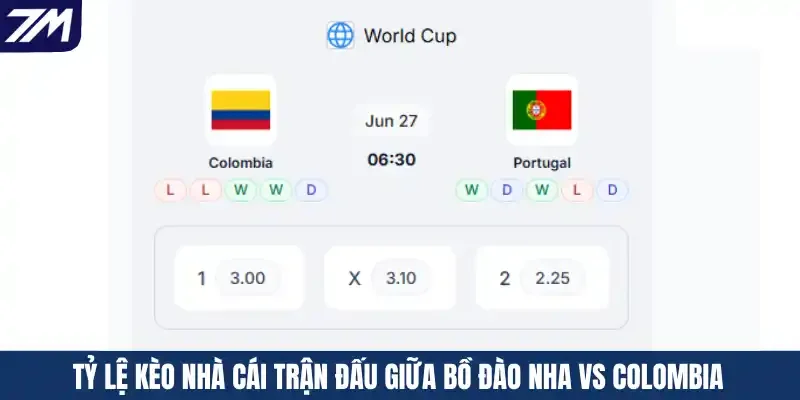 Tỷ lệ kèo nhà cái trận đấu giữa Bồ Đào Nha vs Colombia